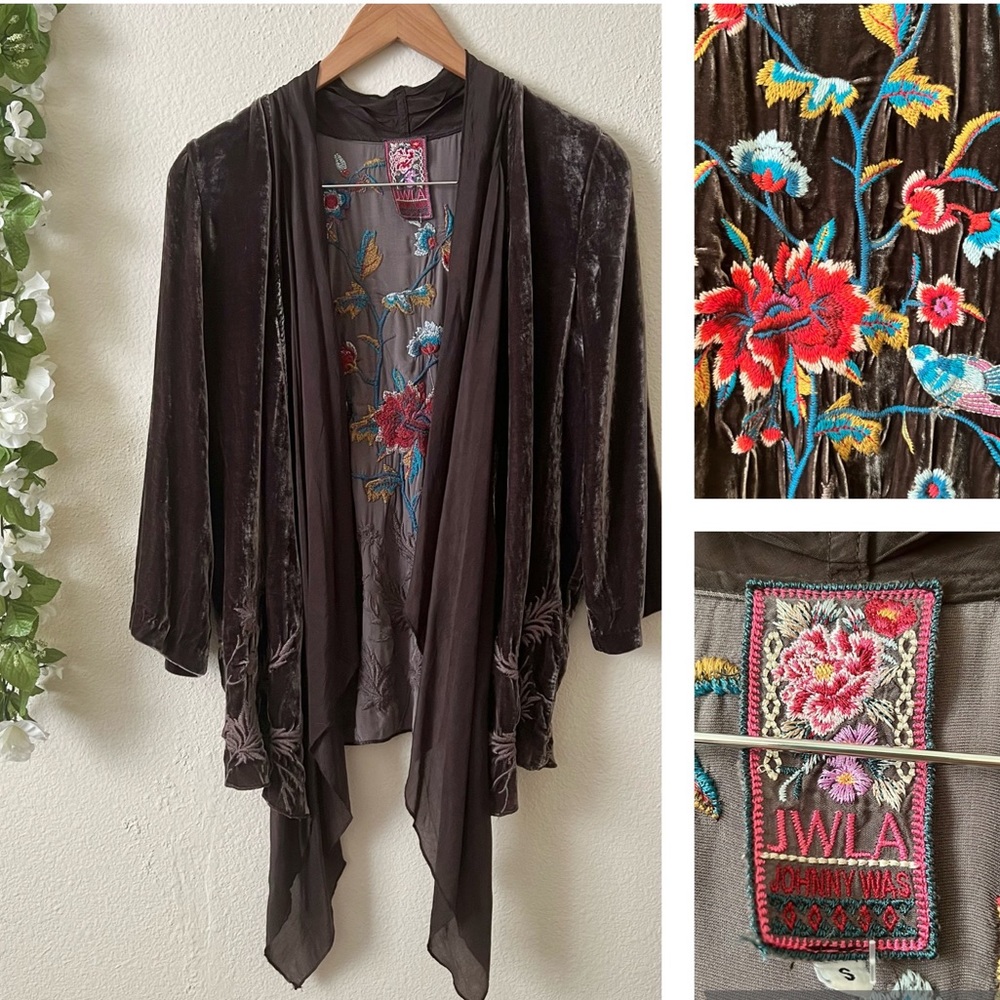 Johnny Was Silk Blend Gray Velvet Draped Embroidered Kimono Cardigan